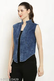 Denim sleeveless women's jacket, solid pattern, L size (38in bust, 24in length), women's fashion, made in India