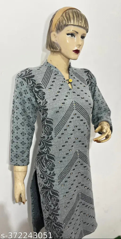 Gray flower printed women's woolen kurti for winter, perfect for daily wear or special occasions