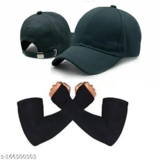 Cotton cap set with slim hand gloves (arm sleeves), trending and adjustable for sports, pack of 2 in solid color for girls, boys, men, and women
