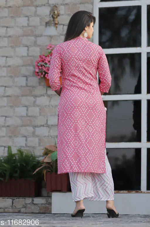 Rayon A-line printed long kurti with palazzo pants, comfortable and stylish pink and white ensemble for women