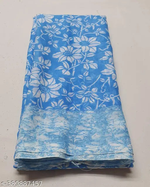 Blue Georgette saree with printed net blouse, Tiger motif on Indian free-size set