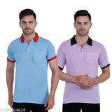 Sky Blue contrast collar cotton blend half sleeve men's T-shirt, slim fit with pocket, multi color combo - M2XL pack of 2