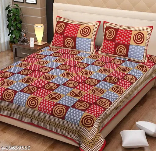 Brighten your double bed with Indian-origin 144 tc cotton ethnic motifs flat sheets, includes 2 pillow covers