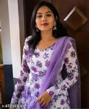 White and purple trending gown, printed net georgette evening wear with long sleeves on model