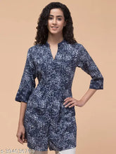 Abstract print rayon blue tunic, three-quarter sleeve with belt - Hive91 women's summer wear