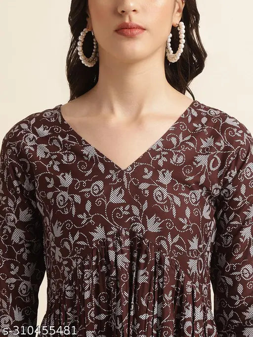 Rayon wine anarkali printed women's kurti with three-quarter sleeves, v-neck, ethnic motifs, flared hem - party wear from Fabclub, India