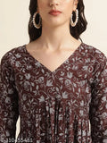 Rayon wine anarkali printed women's kurti with three-quarter sleeves, v-neck, ethnic motifs, flared hem - party wear from Fabclub, India