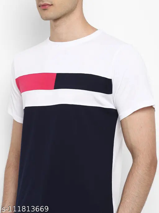 Colorblocked cotton T-shirt for men, short sleeves, versatile design, cool and casual style, by BUKKL. Made in India