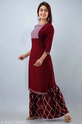 Embroidered rayon Sharara suit kurta set with three-quarter sleeves, country of origin: India