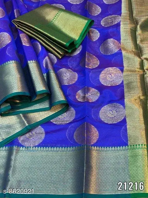 Stylish Banarasi silk saree, organza fabric with zari woven pattern, free size Indian traditional attire