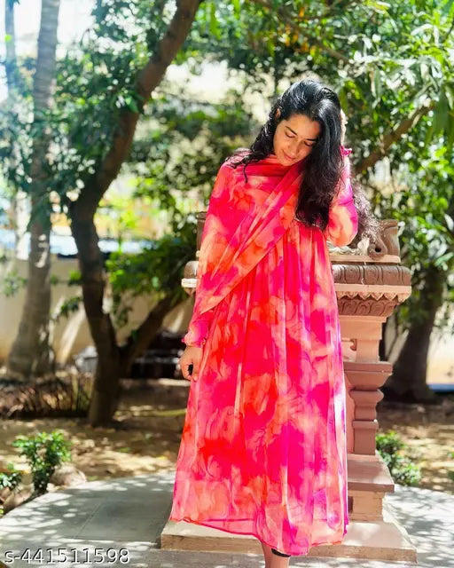 Floral printed long gown kurta set with dupatta in trending georgette fabric, vibrant colorblock design - Indian ethnic wear for special occasions
