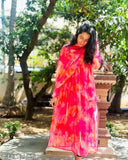 Floral printed long gown kurta set with dupatta in trending georgette fabric, vibrant colorblock design - Indian ethnic wear for special occasions