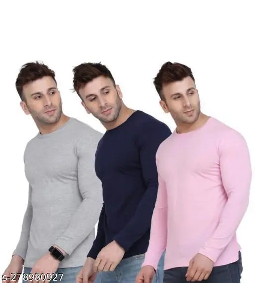 Stylish nylon long sleeve solid t-shirt for men, three pieces in sizes S, M, L, XL. Made in India