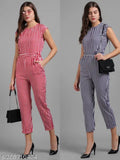 Red and blue striped crepe jumpsuit combo for women, printed net pattern, short sleeves, XL size (bust 42in, length 52in, waist 40in), Indian origin