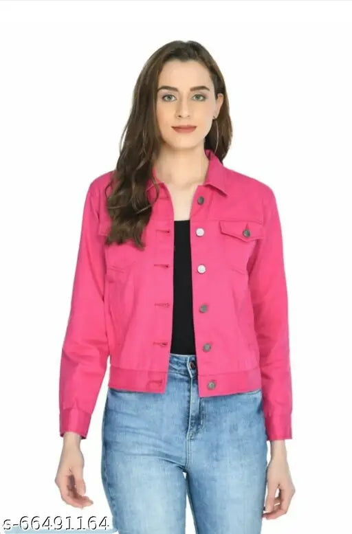 Pink cotton-blend three-quarter sleeve urban jacket for girls, solid pattern
