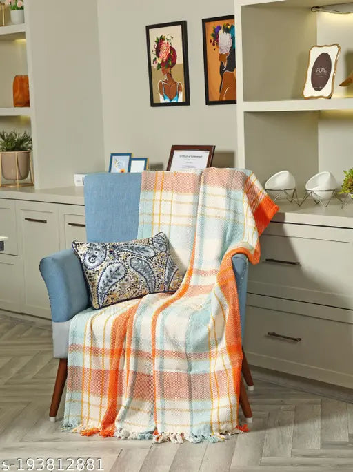 Red and white geometric cotton net blanket, 125x150 cm, 1200g - SASHAA WORLD diamond-striped throw for living room or bedroom