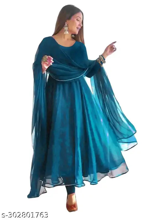 Georgette gown with crepe lining and matching duppatta, solid net, long sleeves. S-XXXL sizes available. Indian bridal wear on mannequin