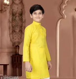 Yellow striped cotton kurta for kids (4-16 years), long sleeves, Indian traditional clothing on hanger