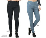 Denim jeggings pack of 2: Solid black-grey stretchable high waist skinny fit for women, elastic closer ankle length