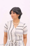 White poly crepe striped jumpsuit for women by COCCON, short sleeves and V-neck, size N, Indian origin