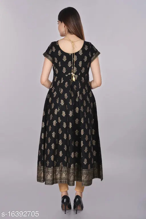 Black rayon Anarkali kurta with gold print, short sleeves, L size (50in), Indian ethnic fashion