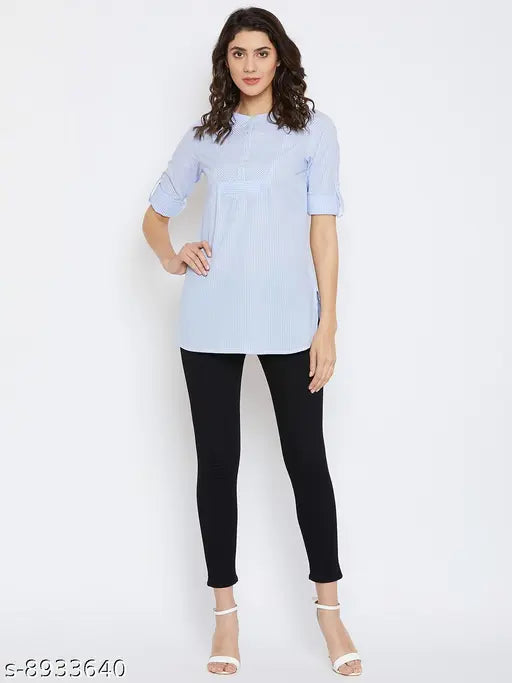 Striped rayon cotton tunic by Tufafi's Mandarin Neck, three-quarter sleeves, casual or office wear, S, L, XL, XXL