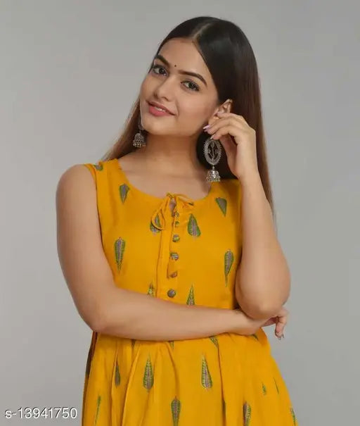 Yellow rayon angrakha printed kurti for women, sleeveless and vibrant Indian fashion apparel