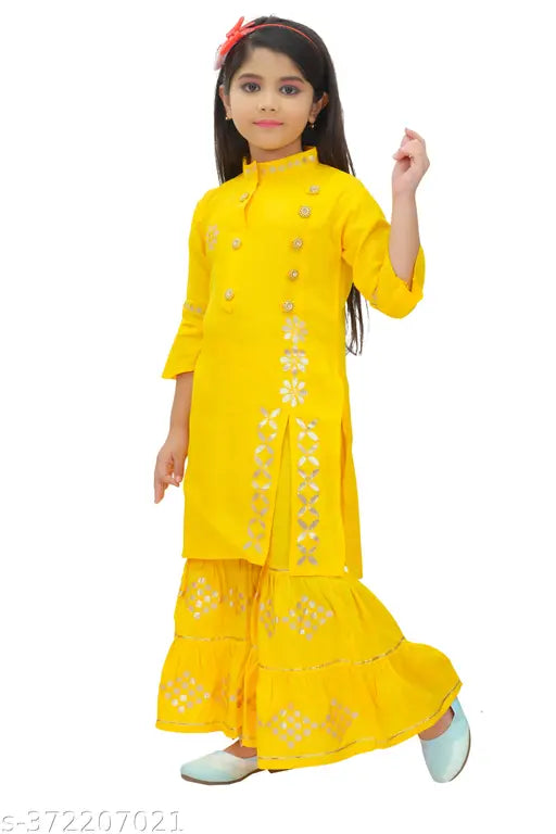 Yellow rayon A-line cotton Kurta plazzo for girls with intricate embroidery, suitable for daily wear and festivals