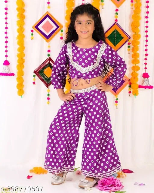 Purple Bandhni croptop Plazzo, premium quality kora muslin with heavy gota detailing. Printed design for kids sizes 6-12 months (15in), 1-2 years (18in), 2-3 years (20in), 5-6 years (26in), 6-7 years (28in), 8-9 years (32in)