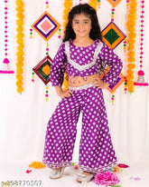 Purple bandhni crop top plazzo with kora muslin, long sleeves and heavy gota detailing. Size options: 6-12M, 1-2Y, 2-3Y, 5-6Y, 6-7Y, 8-9Y, Made in India