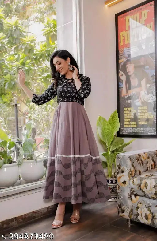 Premium cotton anarkali for women's, rayon three-quarter sleeves, printed combo, Indian traditional wear