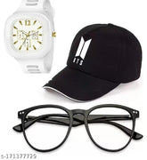 New trendy baseball cap and silicon strap analog watch with selfie sunglasses (pack of 3), cotton embroidered sportswear for formal casual wear, Indian origin