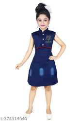 Denim sleeveless dress for little girls, printed net pattern, India-made, size 3-4 years