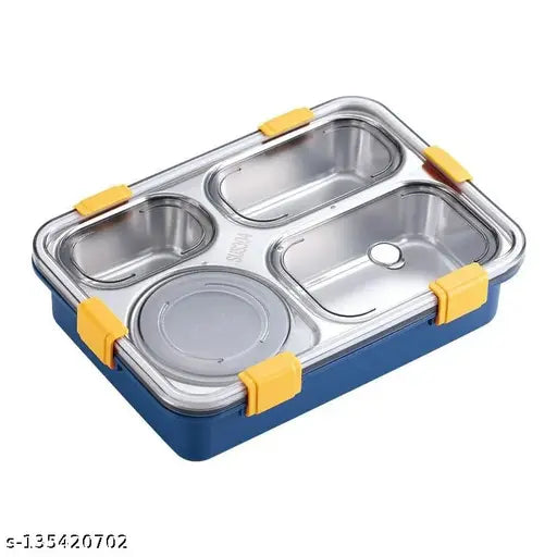 Multicolor stainless steel lunch box for adults & kids, 4-compartment sealed container, microoven safe with cutlery, ideal for office & school meals