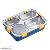 Multicolor stainless steel lunch box for adults & kids, 4-compartment sealed container, microoven safe with cutlery, ideal for office & school meals