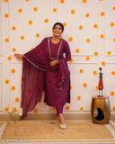 Moksha women's viscose kurta set with pant and dupata, solid color in rayon slub fabric, three-quarter sleeves, India-made