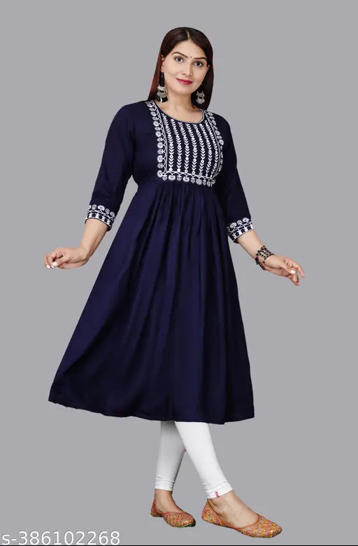 Embroidered Rayon Anarkali kurta for casual wear or wedding parties, three-quarter sleeves, India origin