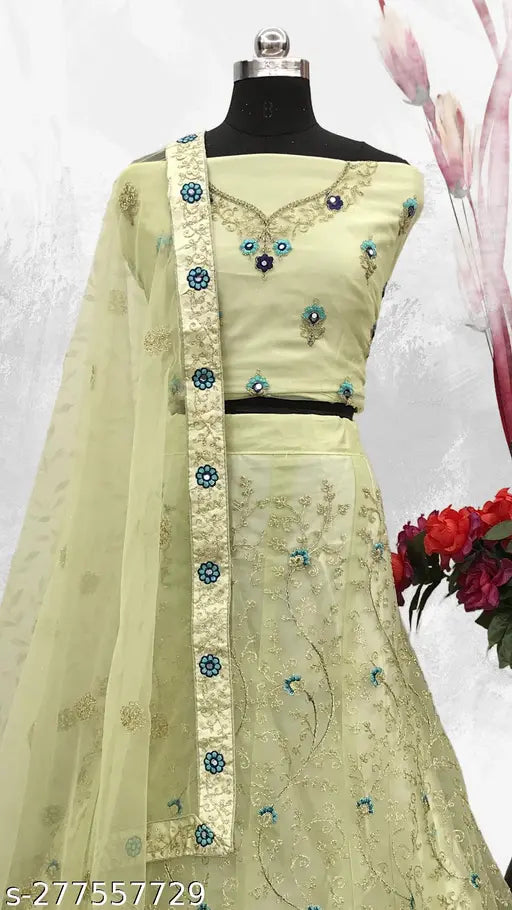 Green net embroidered Lehenga Choli Set with dupatta, free size for Indian traditional wear