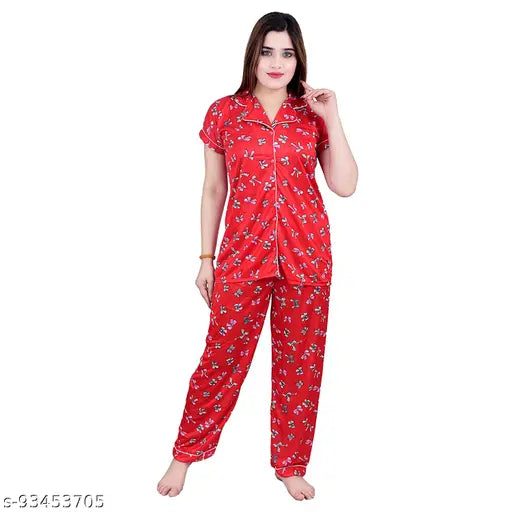 Red boo print satin night suit set: high-quality women's sleepwear for comfort and style