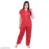 Red boo print satin night suit set: high-quality women's sleepwear for comfort and style