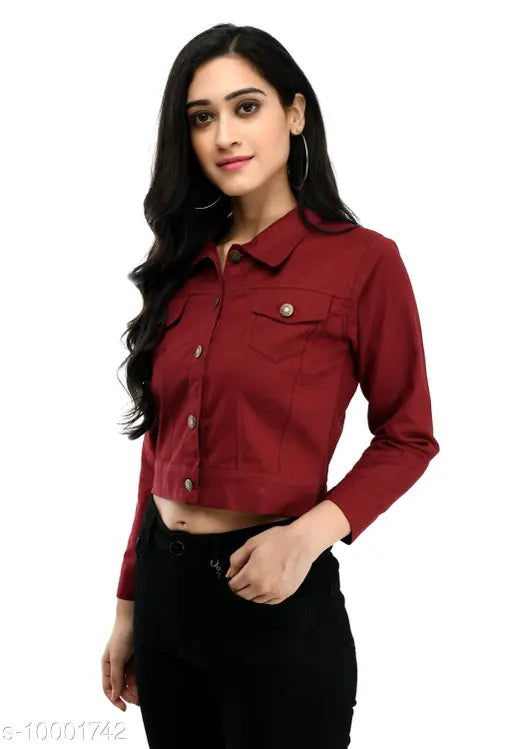 Maroon cotton blend jacket for women, solid design on display stand, three-quarter sleeves