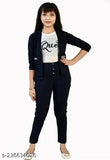Navy Blue Cotton Blend Girls Clothing Set Pack of 1, featuring 3 pieces: jacket, t-shirt, pant. Age ranges: 4-5 Years, 5-6 Years, 6-7 Years, 7-8 Years, 8-9 Years, 9-10 Years, 10-11 Years, 11-12 Years, 12-13 Years, 13-14 Years. Country of Origin: India