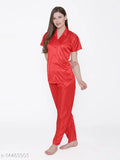 High-quality satin women's night suit with printed design, free size, ideal for cozy nights or gifting