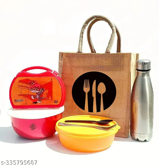 Beige jute tiffin bags (Medium Size, Dine 3 Print) - eco-friendly, waterproof lunch boxes pack of 5