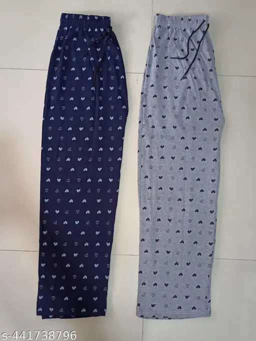 Navy Blue/Light Grey Women's Cotton Blend Maxi Pyjama Set - Heart-Printed Design, Combo Pack of 2