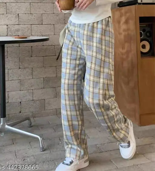 Woolen checked wide-leg winter pants from Korea, perfect for a cozy look in cold weather