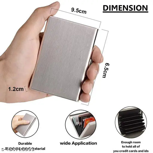 Silver stainless steel RFID-blocking credit card holder for women or men, holds 6 cards and IDs