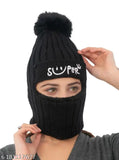 Striped wool beanie, KHM women's monkey cap with fur & pom-pom, soft knit - made in India