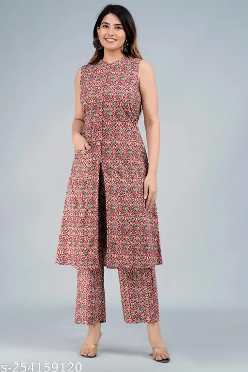 Cotton kurta palazzo set, sleeveless printed net design for women, Indian-made Kurta with Palazzo for couples, sizes XS to XL