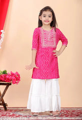 Embroidered Rayon Kids' A-line Kurta Sharara Set with printed three-quarter sleeves, Indian traditional outfit for girls aged 4-8 years